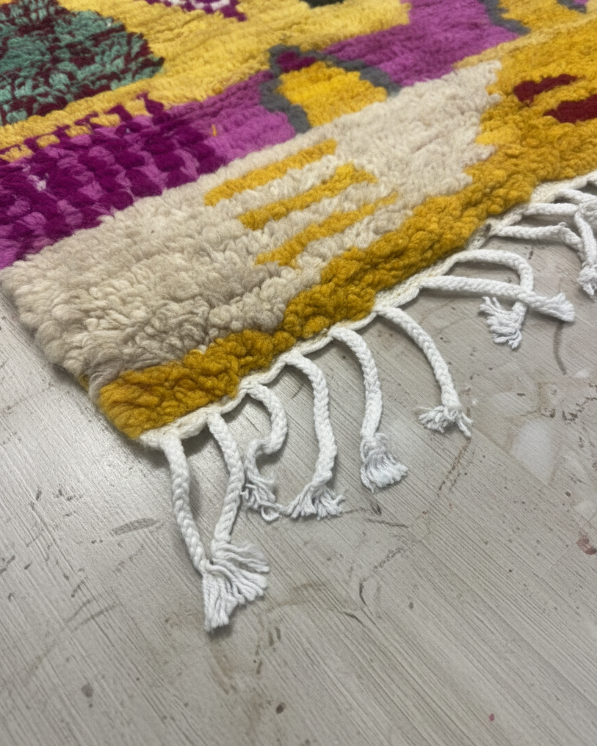 Handcrafted Moroccan Boucherouite Rug – Vibrant Mustard, Purple & Teal | 2.9’ × 3.9’ (90 × 120 cm) | Boho & Artistic Accent Rug