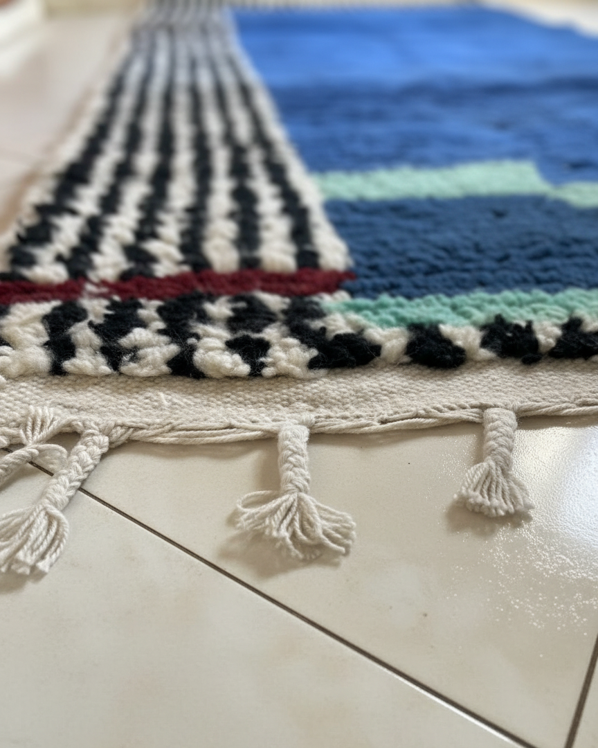 Modern Moroccan Berber Rug – Royal Blue with Abstract Black & White Stripes, Mint & Burgundy Accents | 4 x 7.2 ft (1.2 x 2.2 m) | Handmade Wool Art Rug