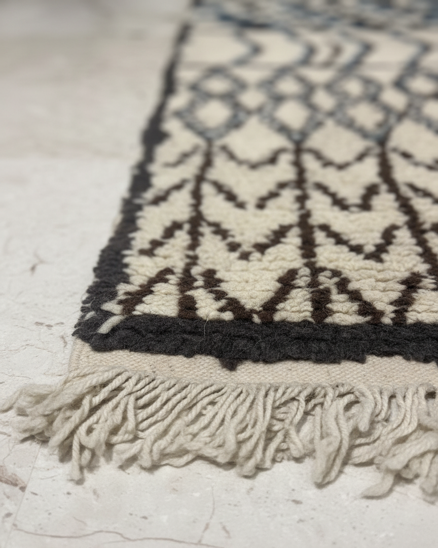 Unique Handcrafted Moroccan Carpet, Berber Rug for living room  – Cream & Black with Minimalist Blue Area Rug | 3.6’ × 6.6’ (110 × 200 cm) | Berber  Geometric Wool Rug
