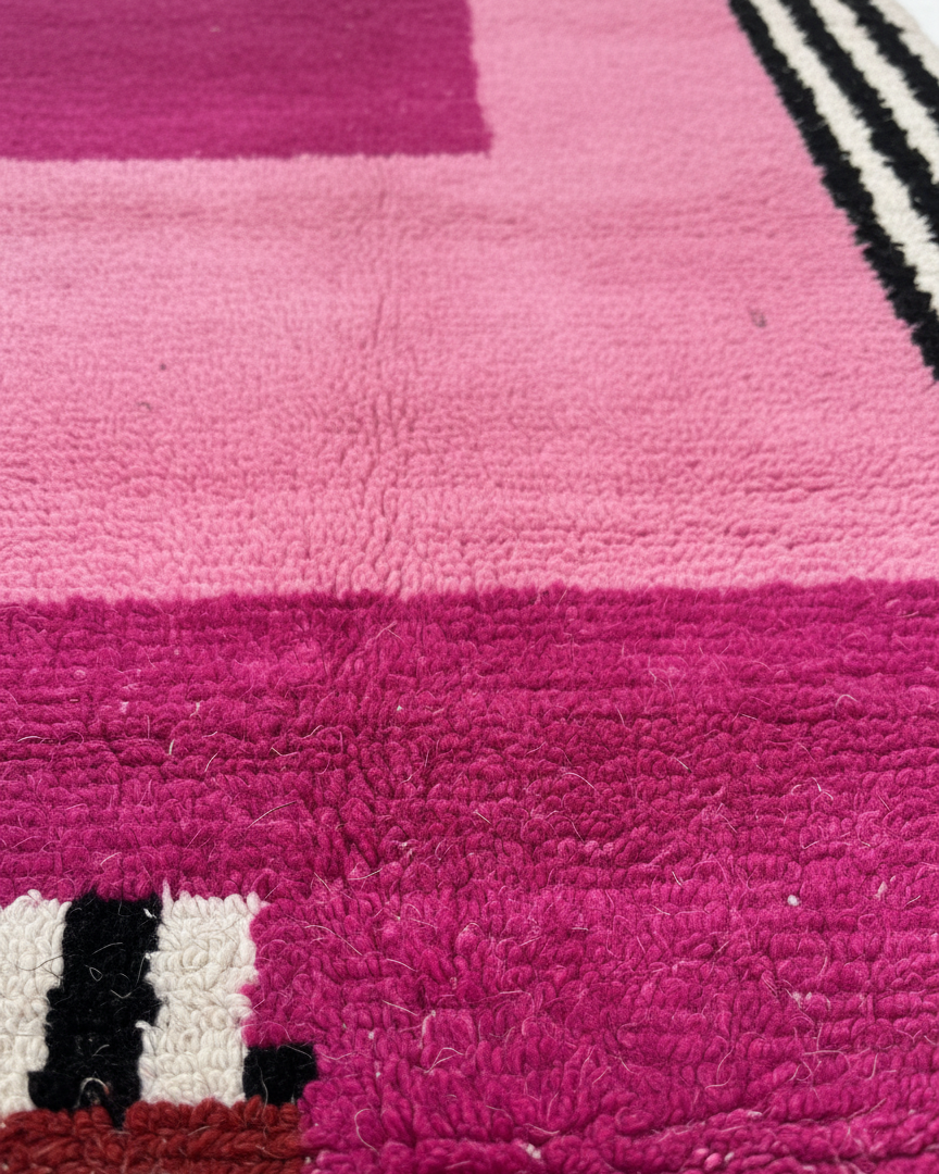 Handmade modern Carpet, Moroccan Rug, Area Rug in baby pink & fuchsia tones with black and white abstract linen pattern - Square Rug | 6.6 x 6.6 ft (2 x 2 m) | perfect for pink bedrooms & chic interiors.