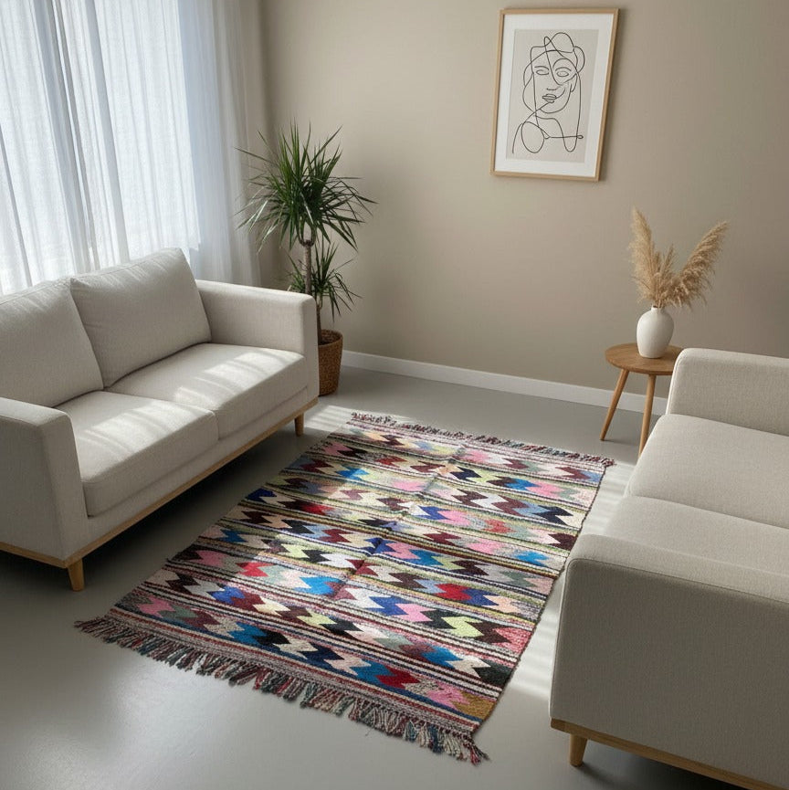 Vintage Moroccan Colorful Rug – Handira Runner Rug / Taznakht Wool Carpet | 3.6 x 5.1 ft (1.1 x 1.55 m) | Handmade entryway rug Luxury Boho Accent Rug