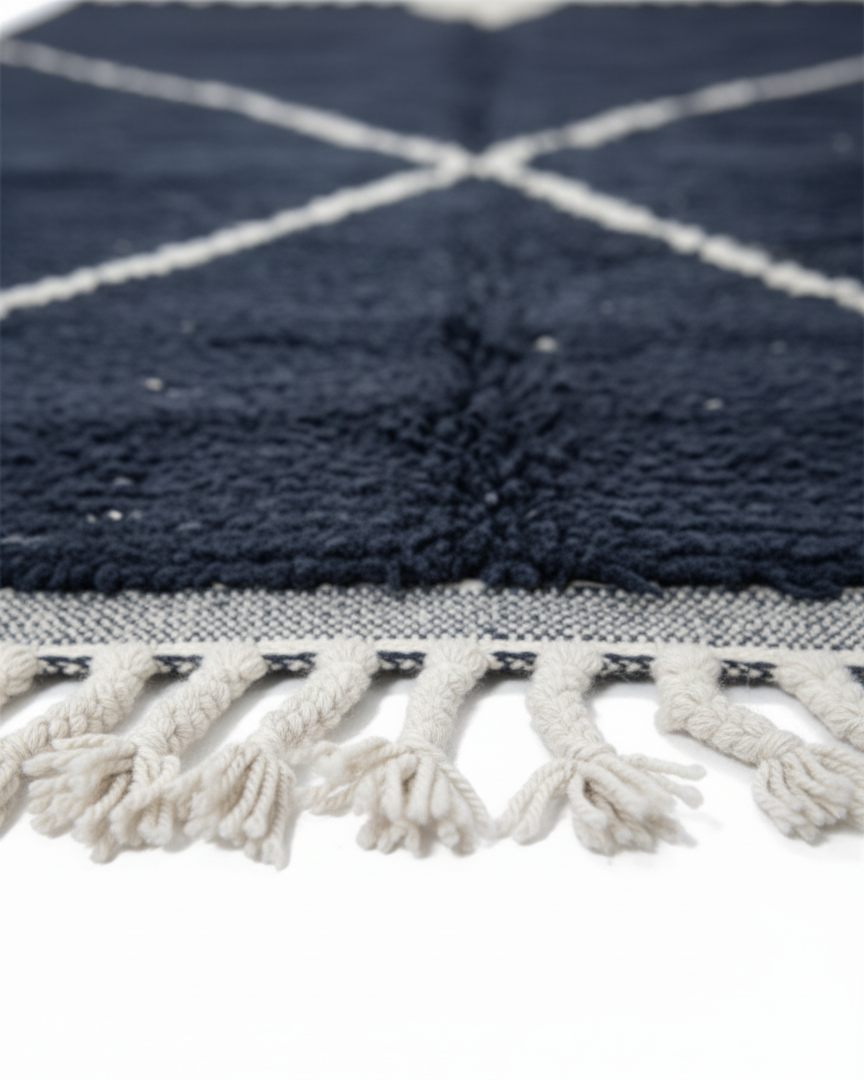 Handmade Moroccan Berber Rug – Black & Ivory Geometric 'X' Design | 4’ × 6.5’ (120 × 200 cm) | Plush Wool Area Rug