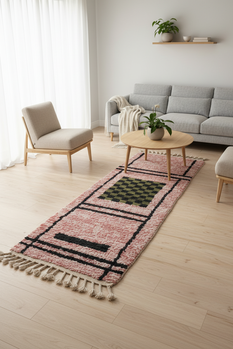 Handmade Moroccan Runner Rug – Dusty Rose with Checkerboard Design | 8.2 x 2.3 ft (2.5 x 0.7 m) | Wool Hallway & Entryway Carpet