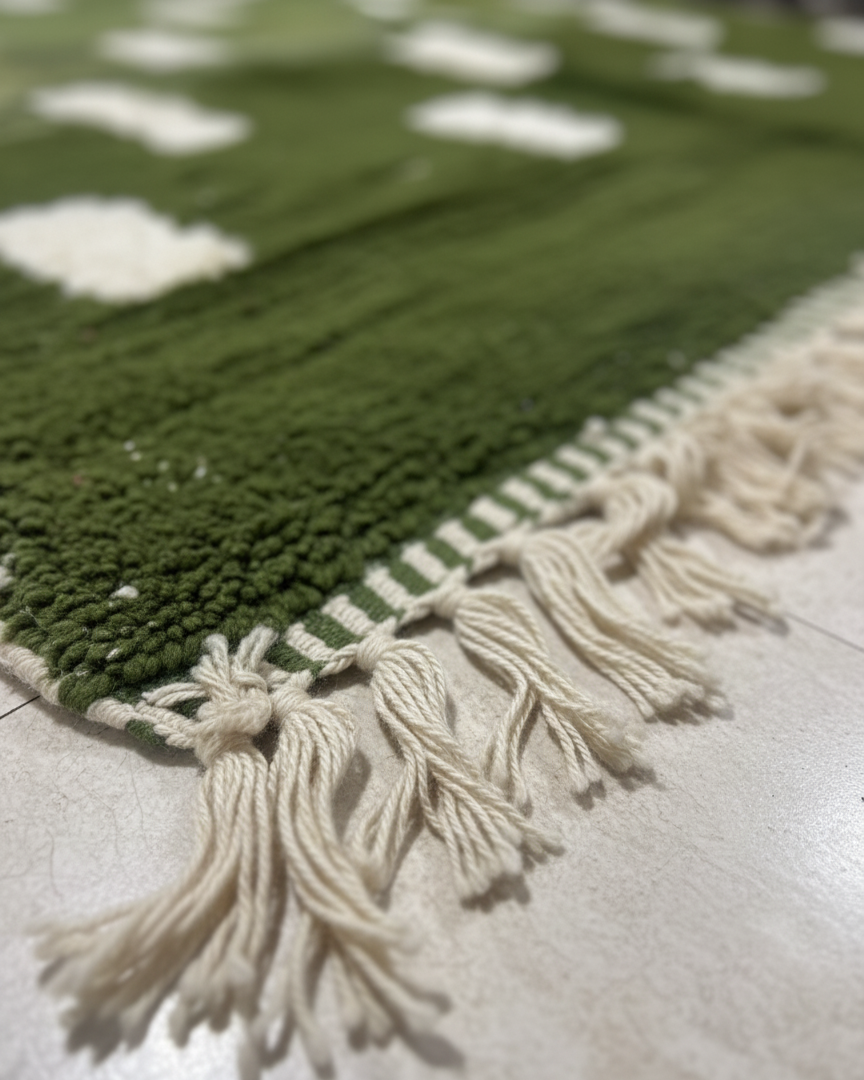 Handwoven Moroccan Berber Runner Rug – Green & White Geometric | 5’ × 15’ (150 × 457 cm) | Wool High-Pile Hallway Rug