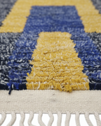 Modern Moroccan Rug – Abstract Geometric Yellow & Blue Design on Navy Heathered Background | 6.6 x 4.3 ft (2 x 1.3 m) | Handwoven Wool Statement Rug