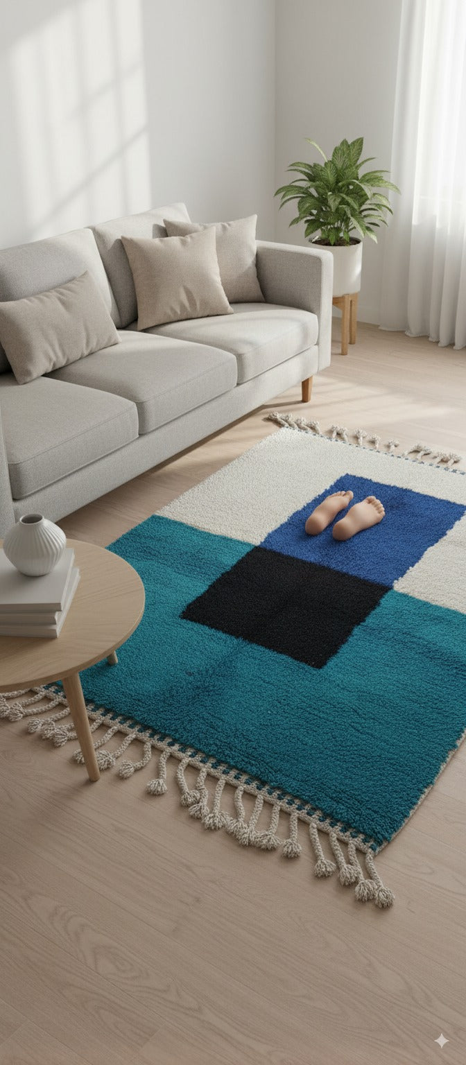 Authentic Handmade Moroccan Wool Area Rug – White & Turquoise Blue Carpet with Black & Blue Abstract Pattern | 4.9 x 7.2 ft (1.5 x 2.2 m) | Modern Boho Living Room & Bedroom Rug