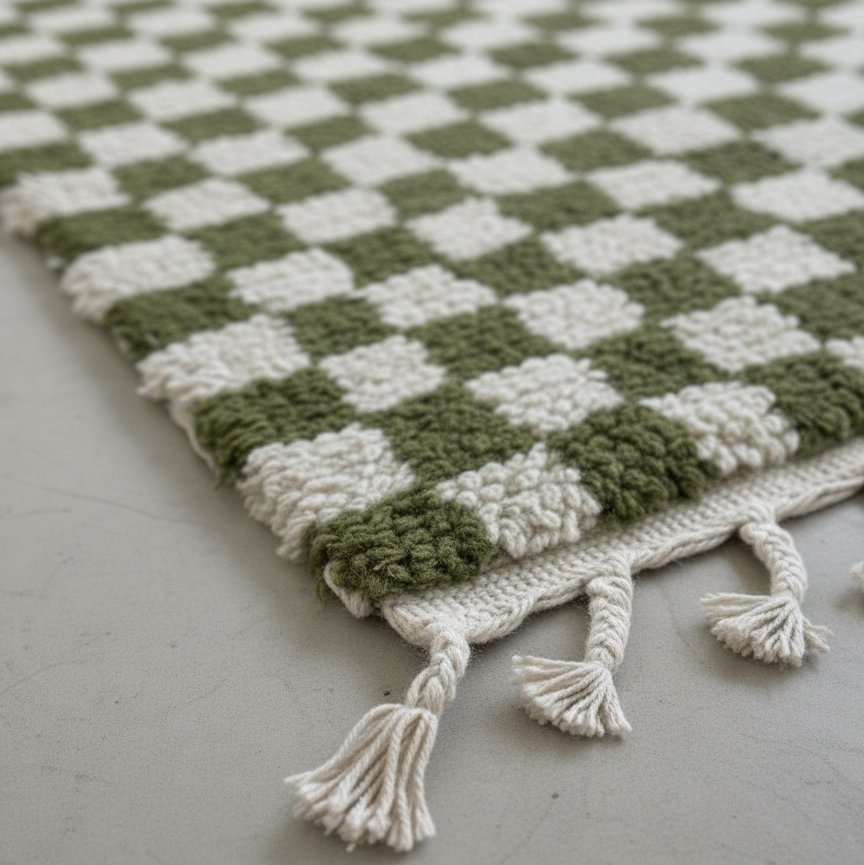 Moroccan Checkered Rug – Green & White Wool handmade Carpet | 8 x 5 ft (2.4 x 1.5 m) | Stylish Modern Handmade Living Room & Bedroom Area Rug