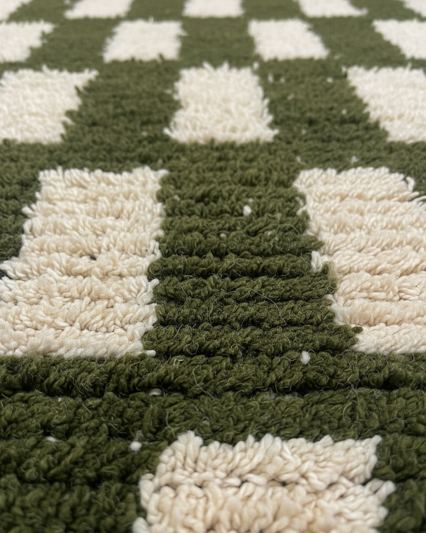 Handmade Moroccan Runner Rug – Olive Green with Cream Geometric Pattern | 7.5 x 2.1 ft (2.3 x 0.65 m) | Wool Hallway & Entryway Carpet