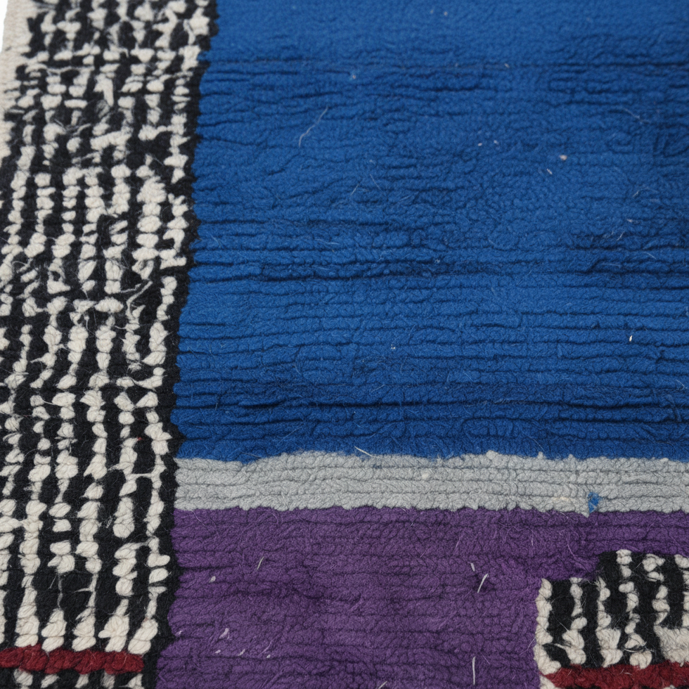 Gorgeous Blue area Rug , Purple living room carpet - Handmade Moroccan Runner Rug – Black & White Wool with Geometric Pattern | 3.3 x 7.5 ft (1 x 2.3 m) | Bedside Rug , Hallway Runner Rugs & Modern Boho Rug
