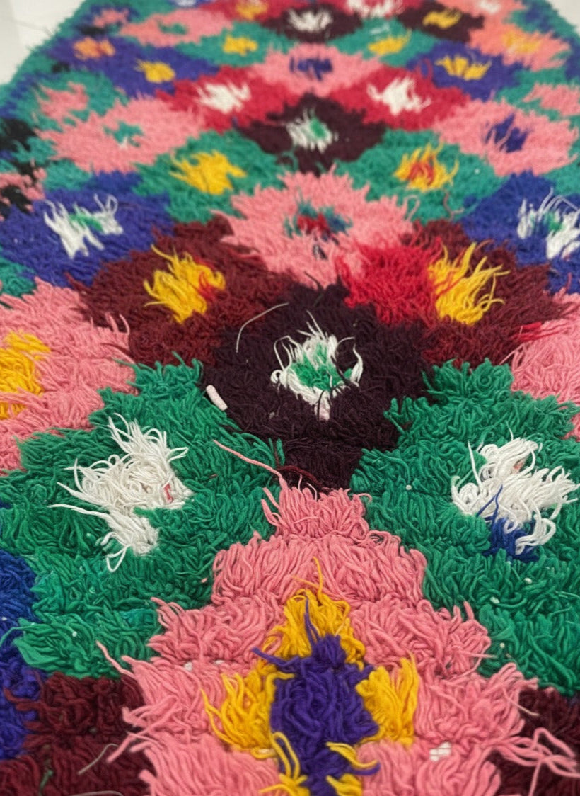 Vintage Moroccan Living Room Carpet , Authentic Hallway Rug, Colorful Runner Rug – Handmade Wool Carpet | 3.3 x 9.3 ft (1 x 2.85 m) | Green, Purple & Pink Boho Décor