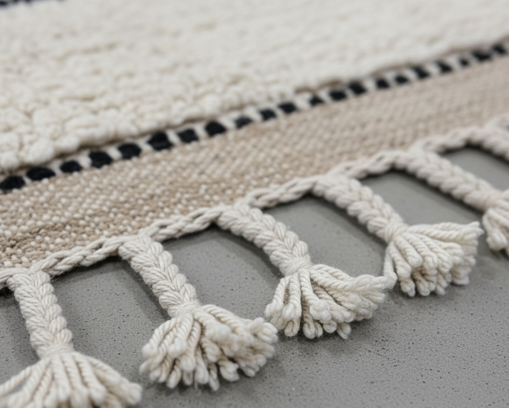 LUXURY Moroccan Area Rug , Handmade White Berber Rug with linene patern and gold Details.