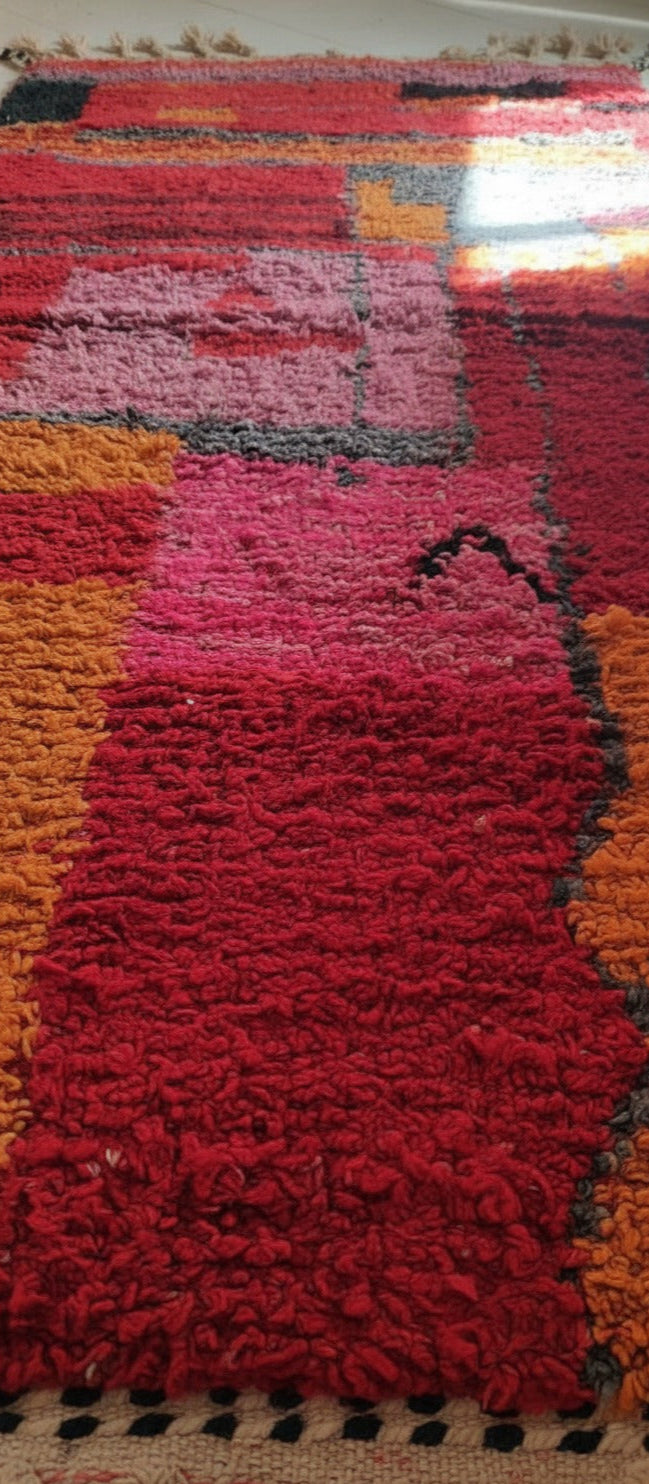 Berber Area Rug, Handwoven Wool Carpet, Orange Moroccan Runner Rug Red & Orange Base with Black & Pink Accents | 6.2 x 3.1 ft (1.9 x 0.95 m) | Small Wool Rug for Hallways, Bedrooms & Modern Boho Décor