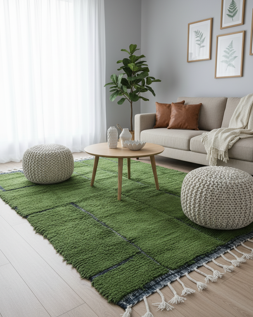 Handmade Green Area Rug, Moroccan Wool Carpet – Natural Warm Rug for Living Room & Bedroom Carpet | 3 x 2.4 m (9.8 x 7.8 ft)