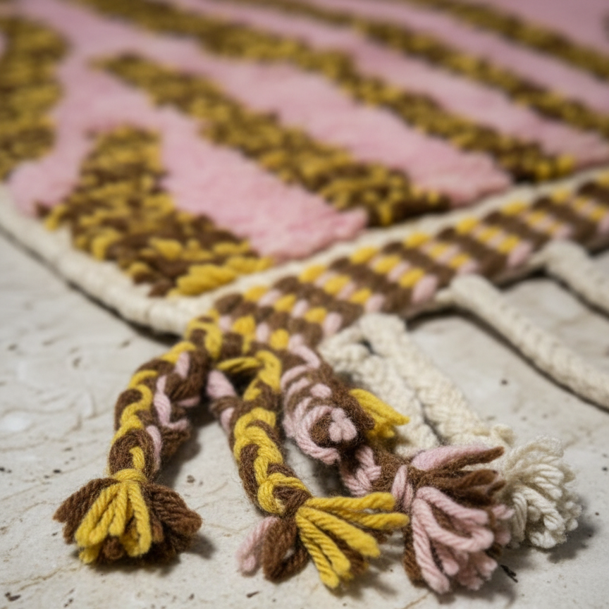 Handcrafted Moroccan Rug – Dusty Pink & Ochre Geometric-Shag Design | 2.7’ × 4.2’ (82 × 128 cm) | Boho Wool Accent Rug