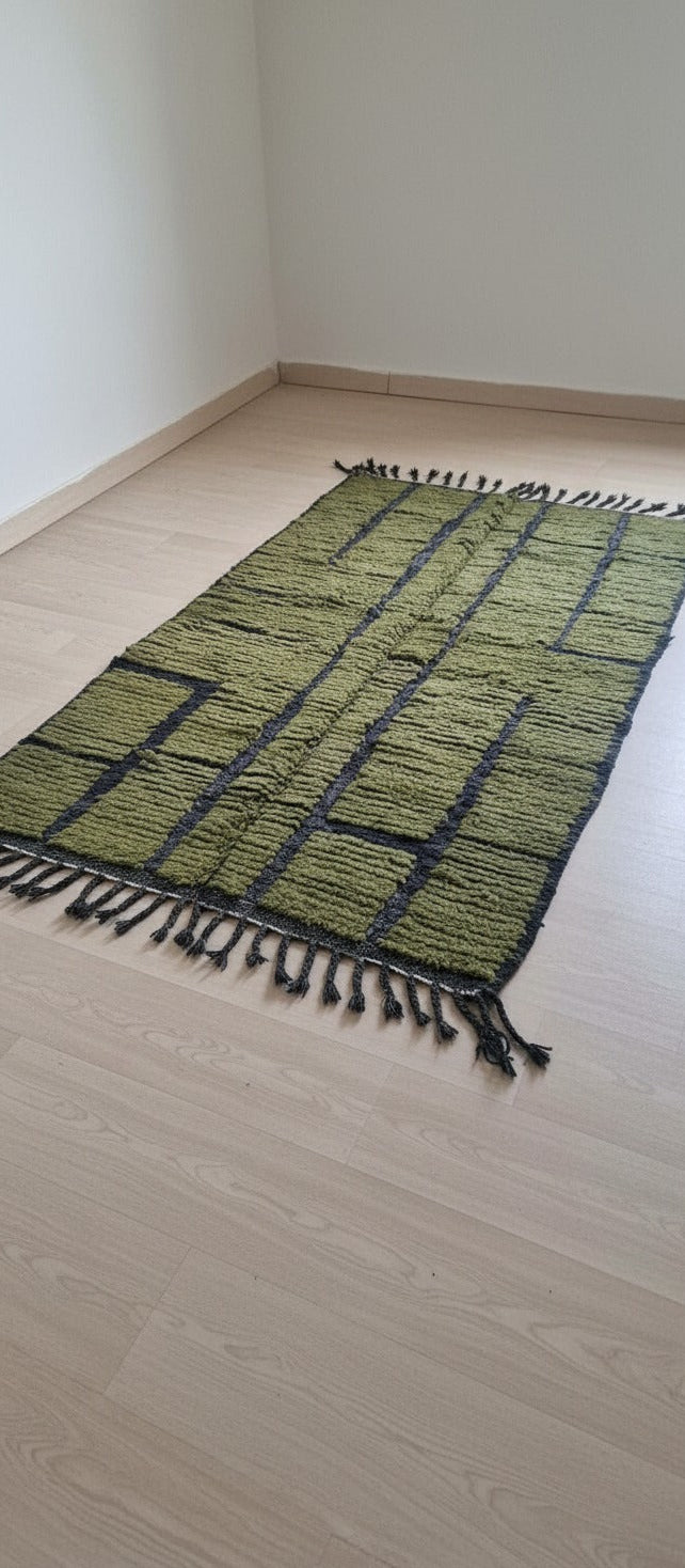 Handmade Moroccan Wool Area Rug – Olive Green with Black Line Pattern | 6.9 x 3.9 ft (2.1 x 1.2 m) | Modern Boho Living Room, Bedroom & Hallway Carpet