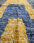 Modern Moroccan Rug – Abstract Geometric Yellow & Blue Design on Navy Heathered Background | 6.6 x 4.3 ft (2 x 1.3 m) | Handwoven Wool Statement Rug