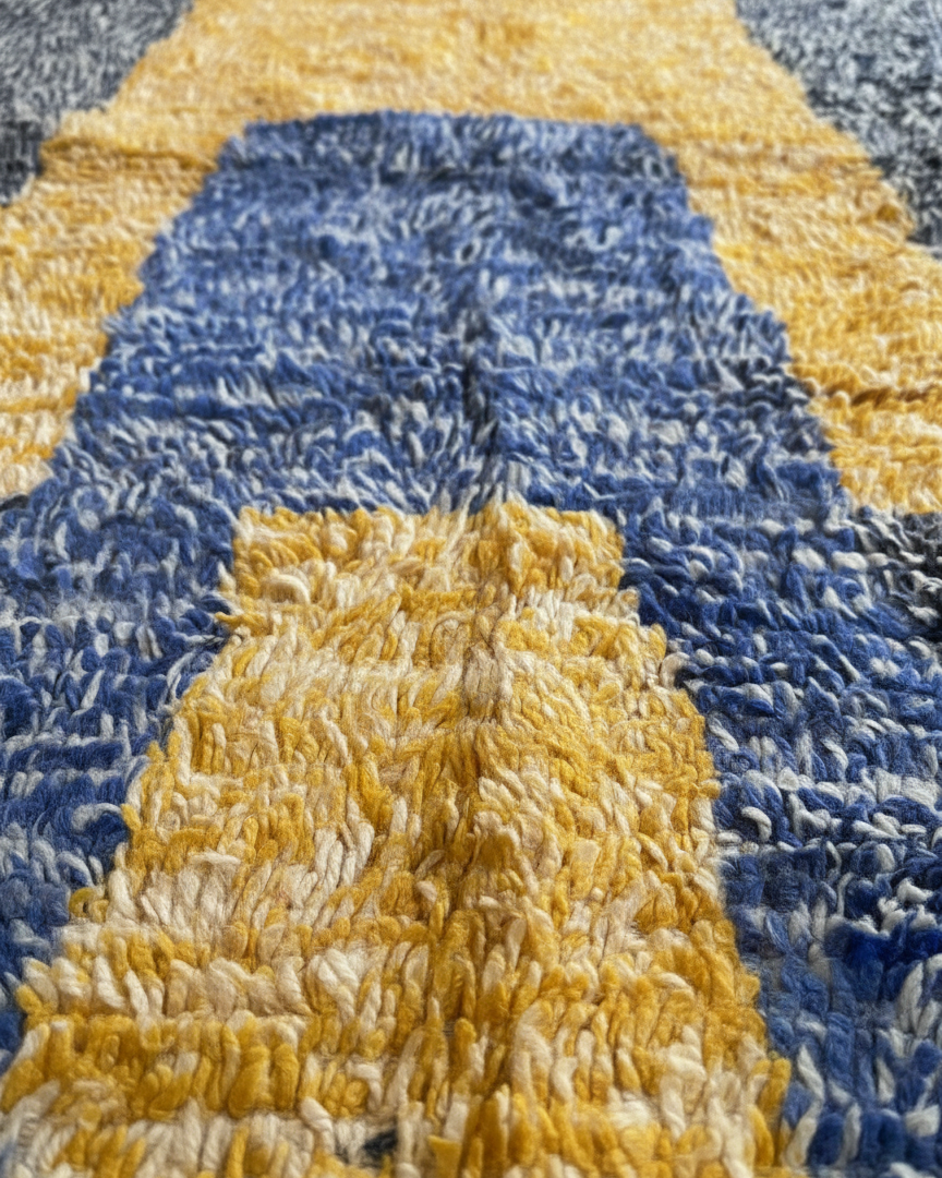 Modern Moroccan Rug – Abstract Geometric Yellow & Blue Design on Navy Heathered Background | 6.6 x 4.3 ft (2 x 1.3 m) | Handwoven Wool Statement Rug