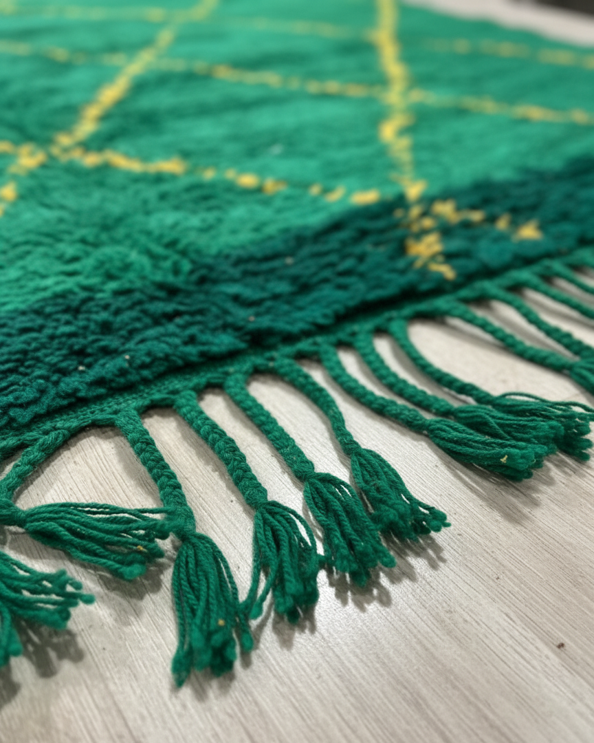 Handcrafted Moroccan Berber Rug – Deep Green & Golden Yellow Diamond Design | 5’ × 7’ (150 × 220 cm) | Plush Wool Shag