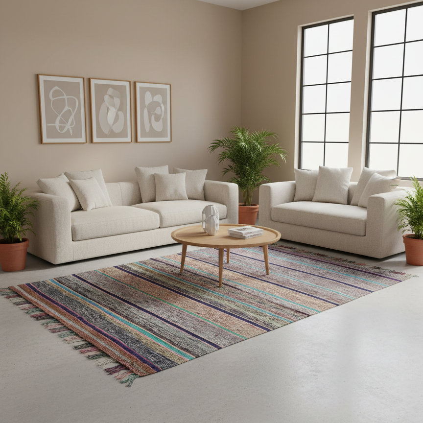 Vintage Carpet, Moroccan Hanbel Rug – Bright Flatweave Rug, Handknitted Natural Wool Carpet 5.2 x 7.5 ft (1.6 x 2.3 m) | Unique  Handmade Rug