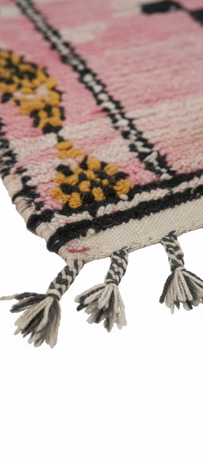 Vintage Handmade Moroccan Wool Rug – Pink Rug for bedroom with Minimalist Berber Rugs Design in Black & Yellow | 7.9 x 5.1 ft (2.42 x 1.56 m) | Boho Chic Bedroom & Living Room Carpet