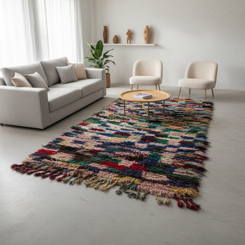 Handmade Moroccan Boucherouite Runner Rug – Colorful Shaggy Rag Rug | 3.6 x 8.2 ft (1.1 x 2.5 m) | Eclectic Boho Hallway Carpet