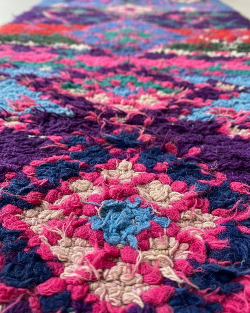 Vintage Moroccan Boucherouite Runner Rug – Handmade Shaggy Wool & Textile Carpet | 2.8 x 8.8 ft (0.85 x 2.7 m) | Colorful Boho Eclectic