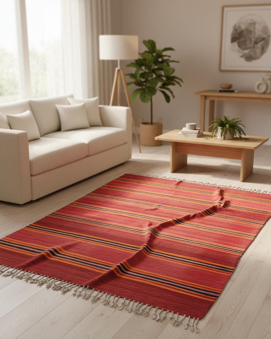 Vintage Moroccan Kilim Flatweave Rug – Handmade Wool Striped Carpet | 9.8 x 5.2 ft (3 x 1.6 m) | Red, Black, Orange & Yellow Rustic Boho