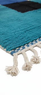 Authentic Handmade Moroccan Wool Area Rug – White & Turquoise Blue Carpet with Black & Blue Abstract Pattern | 4.9 x 7.2 ft (1.5 x 2.2 m) | Modern Boho Living Room & Bedroom Rug