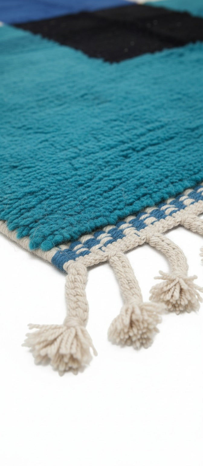 Authentic Handmade Moroccan Wool Area Rug – White & Turquoise Blue Carpet with Black & Blue Abstract Pattern | 4.9 x 7.2 ft (1.5 x 2.2 m) | Modern Boho Living Room & Bedroom Rug