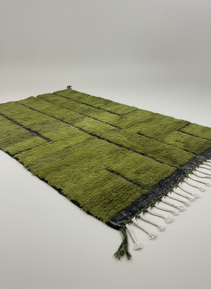 Handmade Moroccan Wool Area Rug – Olive Green with Black Line Pattern | 6.9 x 3.9 ft (2.1 x 1.2 m) | Modern Boho Living Room, Bedroom & Hallway Carpet