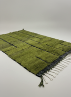 Handmade Moroccan Wool Area Rug – Olive Green with Black Line Pattern | 6.9 x 3.9 ft (2.1 x 1.2 m) | Modern Boho Living Room, Bedroom & Hallway Carpet