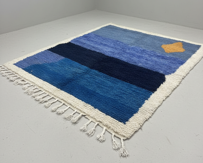 Handcrafted Moroccan Beni Ourain-Style Rug – Plush Blue & Orange Color Block | 4.8’ × 5.6’ (170 × 145 cm) | Modern & Contemporary Accent Rug
