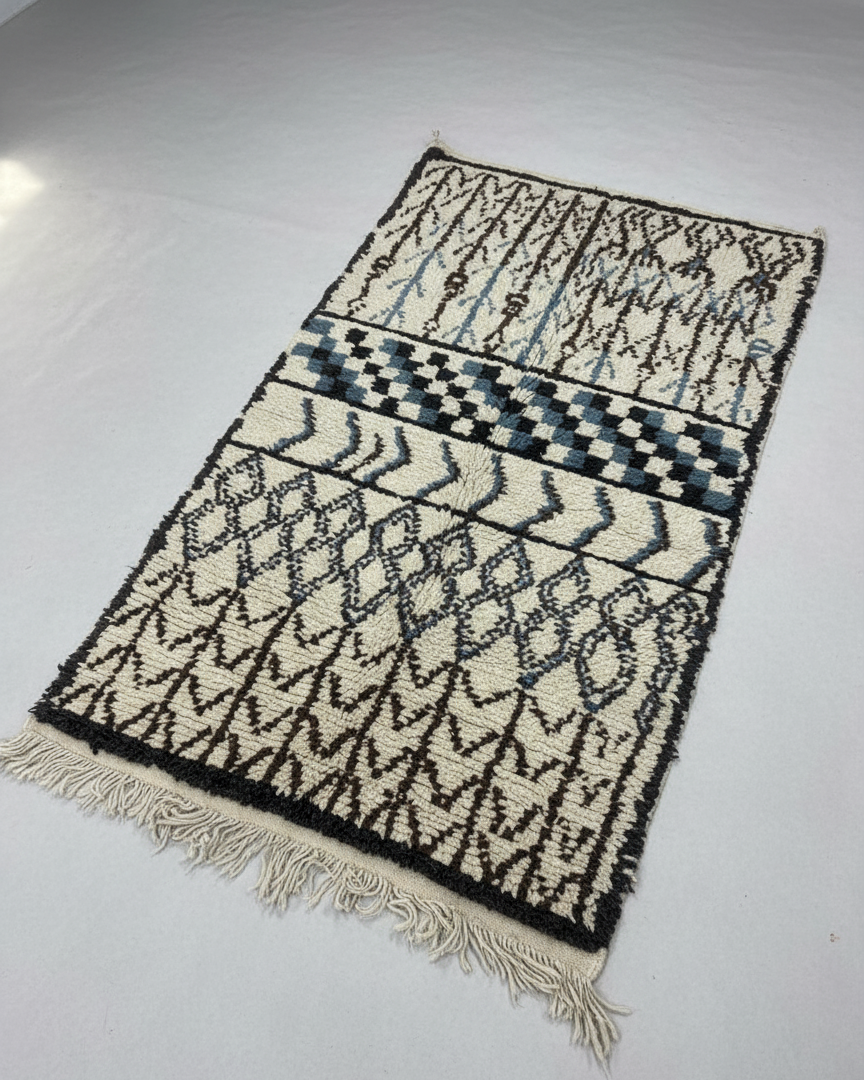 Unique Handcrafted Moroccan Carpet, Berber Rug for living room  – Cream & Black with Minimalist Blue Area Rug | 3.6’ × 6.6’ (110 × 200 cm) | Berber  Geometric Wool Rug