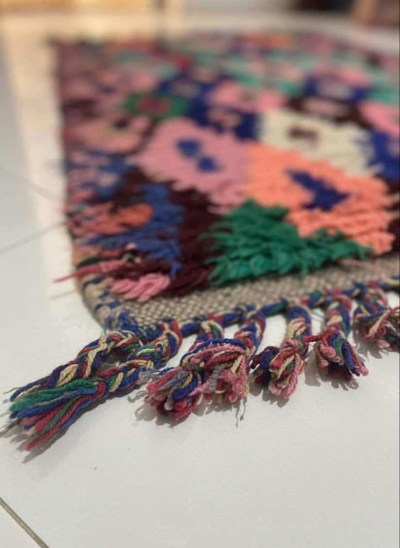 Vintage Moroccan Living Room Carpet , Authentic Hallway Rug, Colorful Runner Rug – Handmade Wool Carpet | 3.3 x 9.3 ft (1 x 2.85 m) | Green, Purple & Pink Boho Décor