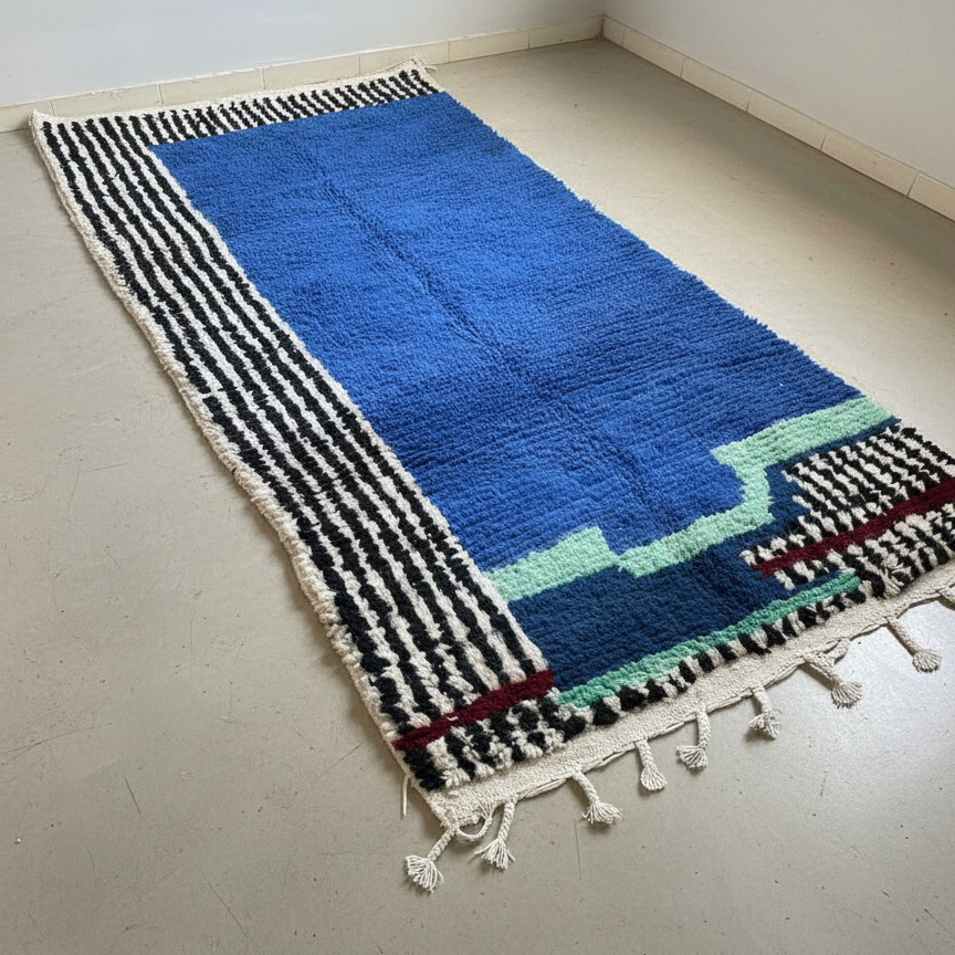 Modern Moroccan Berber Rug – Royal Blue with Abstract Black & White Stripes, Mint & Burgundy Accents | 4 x 7.2 ft (1.2 x 2.2 m) | Handmade Wool Art Rug