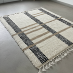LUXURY Moroccan Area Rug , Handmade White Berber Rug with linene patern and gold Details.