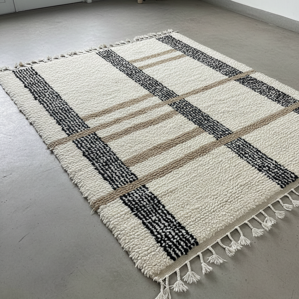 LUXURY Moroccan Area Rug , Handmade White Berber Rug with linene patern and gold Details.