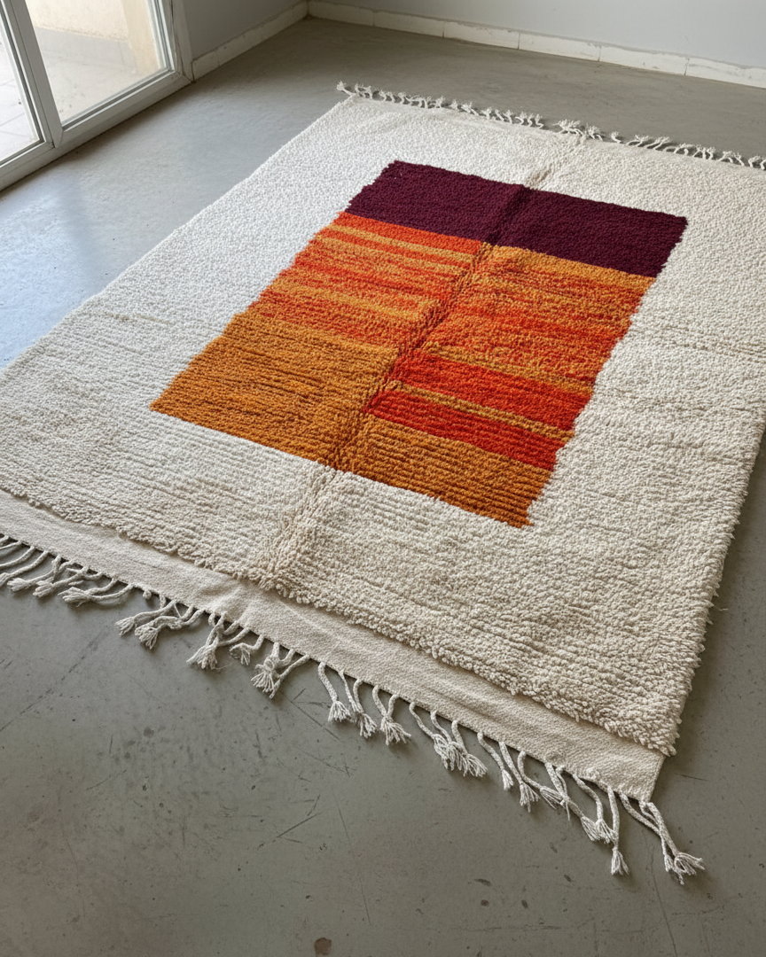Handwoven Moroccan Berber Rug – 5.9’ × 7.5’ (180 × 230 cm) | High-Pile Wool Accent Rug | Sunset-Inspired Color Block