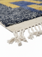 Modern Moroccan Rug – Abstract Geometric Yellow & Blue Design on Navy Heathered Background | 6.6 x 4.3 ft (2 x 1.3 m) | Handwoven Wool Statement Rug