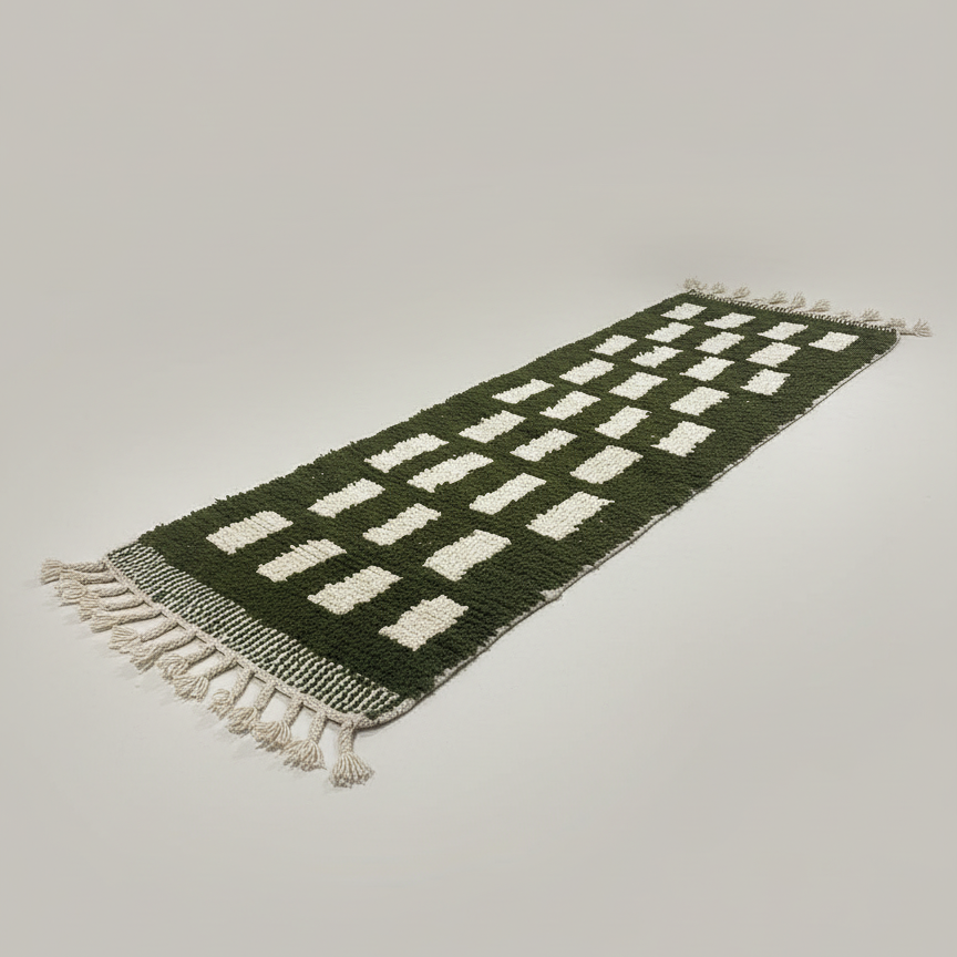 Handmade Moroccan Runner Rug – Olive Green with Cream Geometric Pattern | 7.5 x 2.1 ft (2.3 x 0.65 m) | Wool Hallway & Entryway Carpet