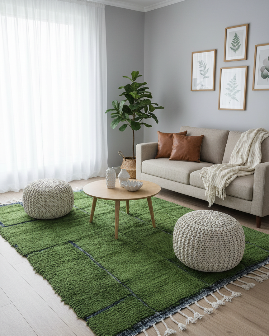 Handmade Green Area Rug, Moroccan Wool Carpet – Natural Warm Rug for Living Room & Bedroom Carpet | 3 x 2.4 m (9.8 x 7.8 ft)