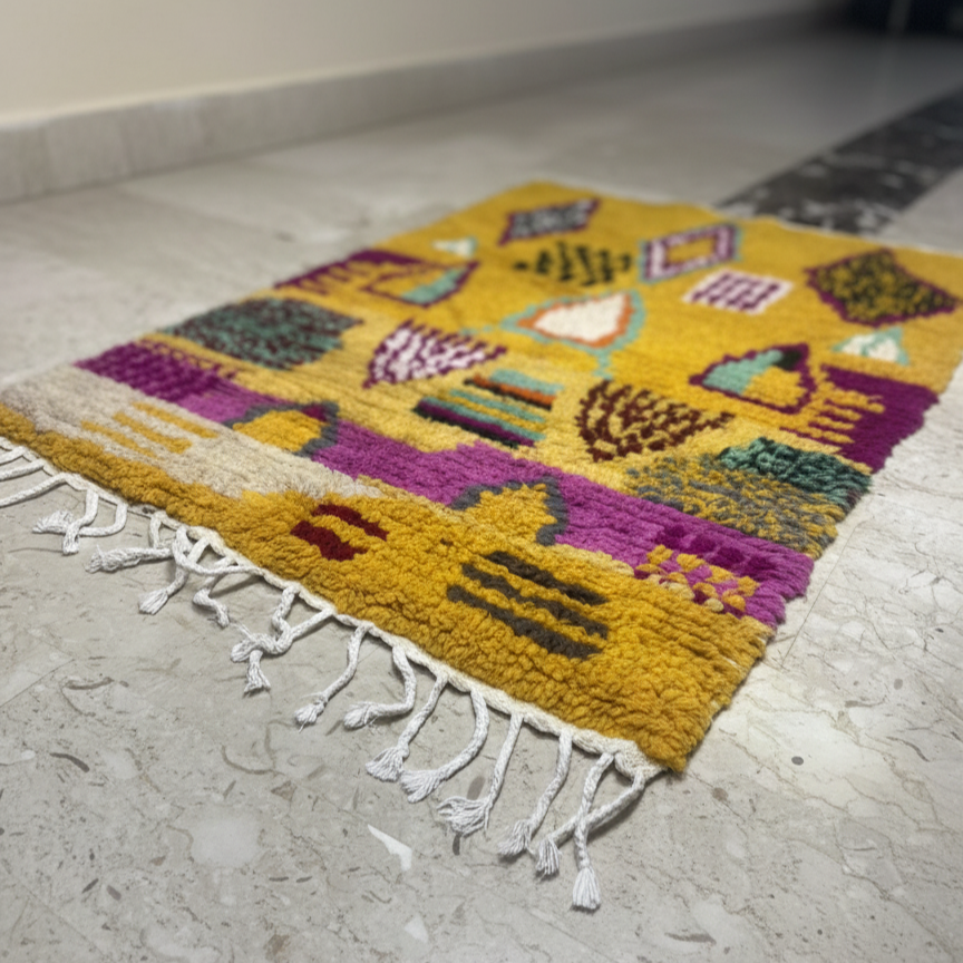 Handcrafted Moroccan Boucherouite Rug – Vibrant Mustard, Purple & Teal | 2.9’ × 3.9’ (90 × 120 cm) | Boho & Artistic Accent Rug