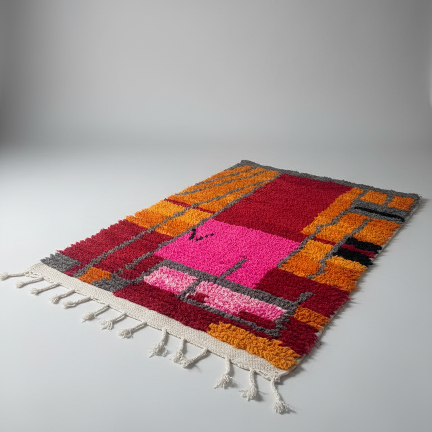 Handcrafted Moroccan Rug – Vibrant Pink, Red & Orange Geometric Design | 2.8’ × 4.9’ (85 × 150 cm) | Modern Berber Accent Rug