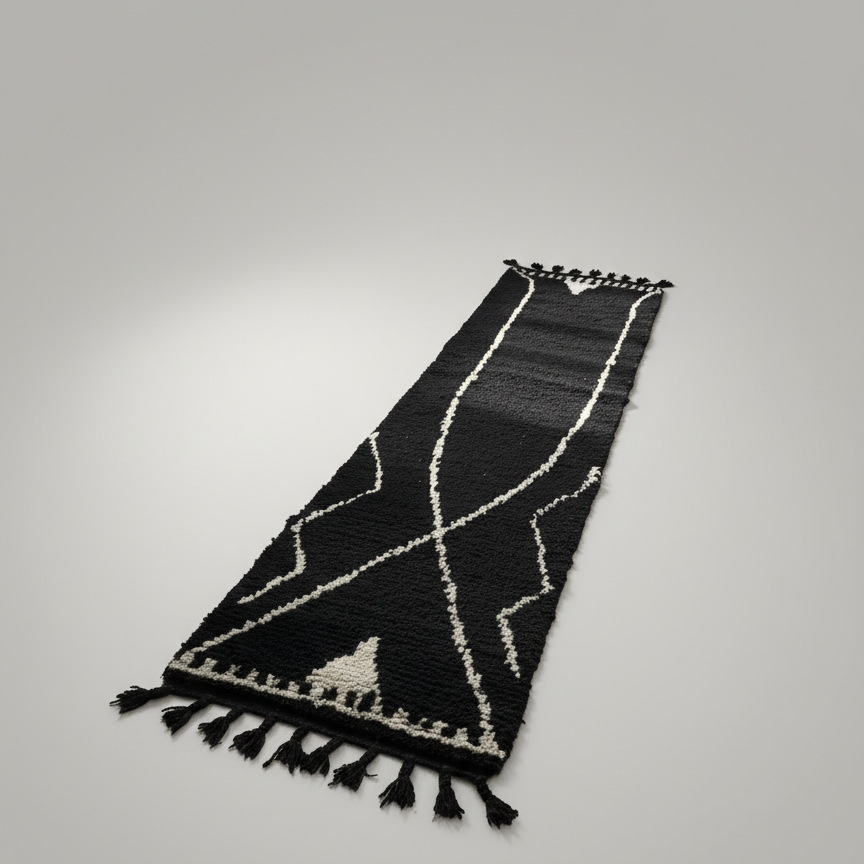 Black Moroccan Runner Rug, Handmade Abstract Rug White Berber Signs – Wool Hallway Carpet | 2 x 10 ft (0.6 x 3.0 m)