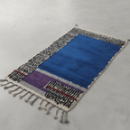 Gorgeous Blue area Rug , Purple living room carpet - Handmade Moroccan Runner Rug – Black & White Wool with Geometric Pattern | 3.3 x 7.5 ft (1 x 2.3 m) | Bedside Rug , Hallway Runner Rugs & Modern Boho Rug
