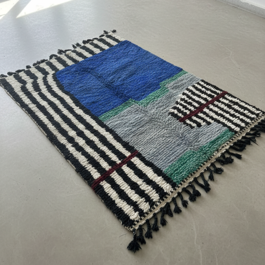 Handcrafted Moroccan Berber Rug – Vibrant Blue & Grey Abstract | 5’ × 7’ (150 × 215 cm) | Modern Boho Statement Rug