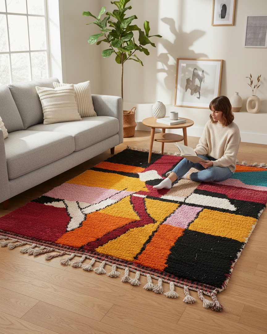 Gorgeous Colorful Rug, Moroccan Hand-Knotted Area Rug | 2.8 x 3.3 m (9 x 10.8 ft) – Abstract Carpet Orange, Yellow & Black