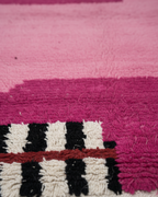 Handmade modern Carpet, Moroccan Rug, Area Rug in baby pink & fuchsia tones with black and white abstract linen pattern - Square Rug | 6.6 x 6.6 ft (2 x 2 m) | perfect for pink bedrooms & chic interiors.