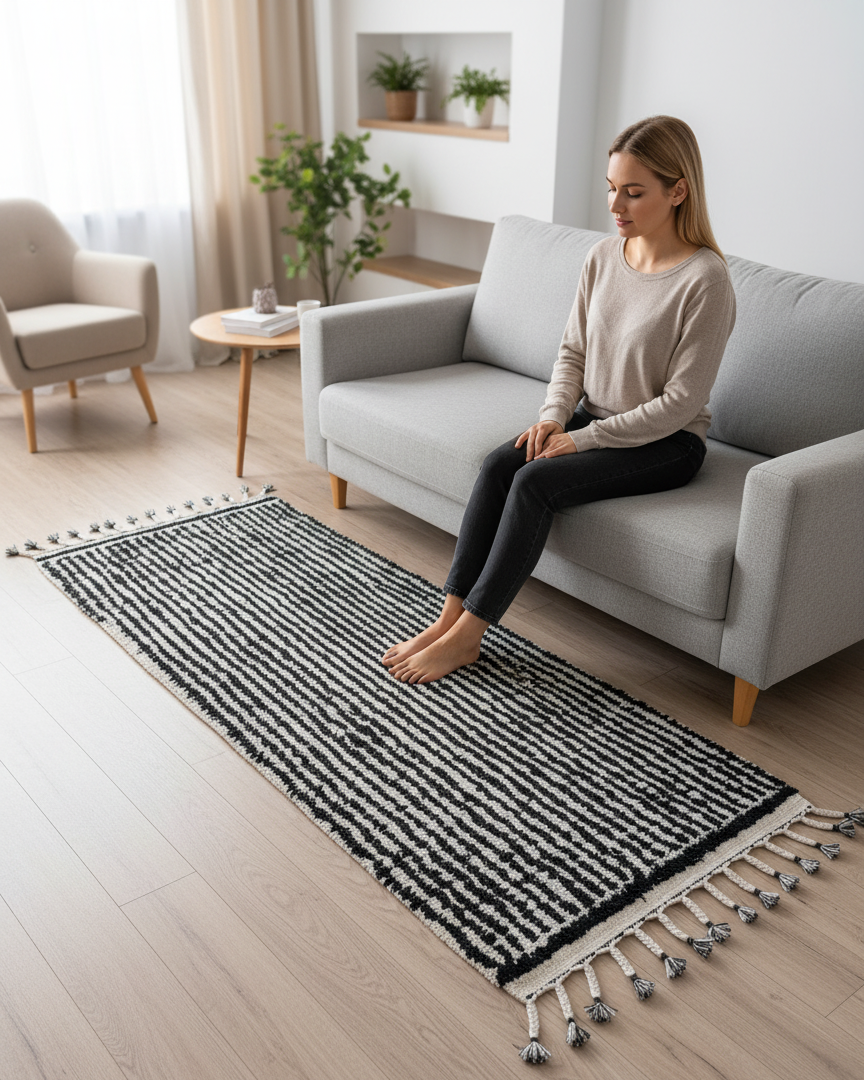 Handmade Runner Rug – Modern Wool Carpet Linen Black and White Hallway & Entryway Rug | 1.5 x 2 m (5 x 6.6 ft)