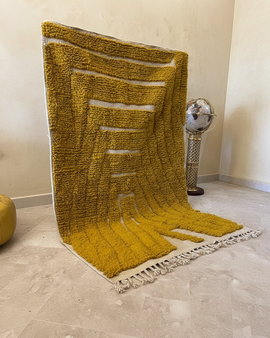 Handcrafted Moroccan-Style Area Rug – Mustard Yellow & Cream Geometric Design | 4’ × 6’ (120 × 180 cm) | Modern Boho Accent Rug